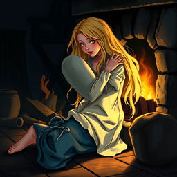 Cenerentola, with long blonde hair, kneeling on the floor, reaching out her hands towards a lit fireplace, trying to warm herself during a dark night