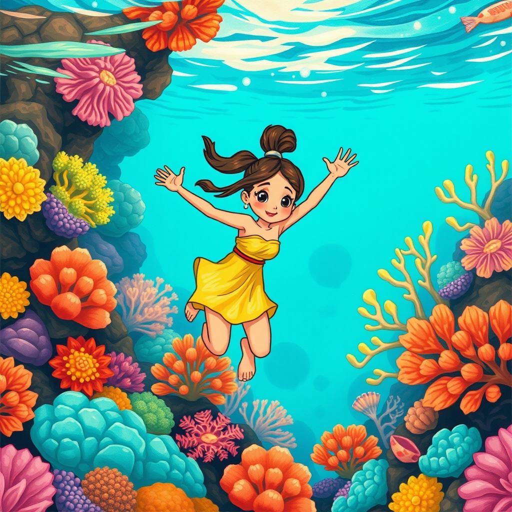 Polynesian girl swimming amidst a vibrant coral reef