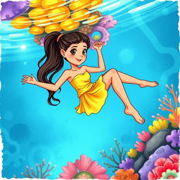 Polynesian girl swimming amidst a vibrant coral reef