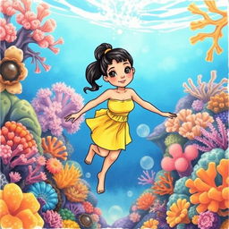 Polynesian girl swimming amidst a vibrant coral reef