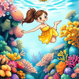 Polynesian girl swimming amidst a vibrant coral reef