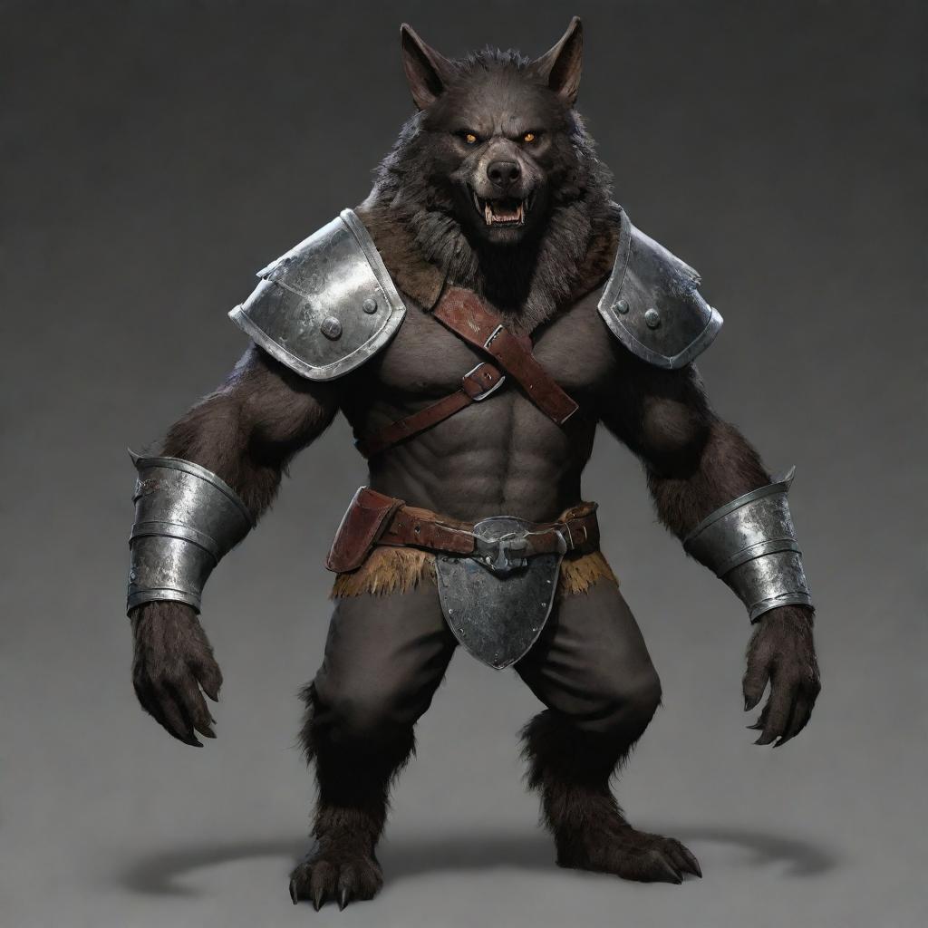 Outfit the werewolf with a heavy, well-forged metal helmet that perfectly fits its canine features. The helmet further underscores the creature's intimidating presence alongside its heavy armor and cloth waist wrap.