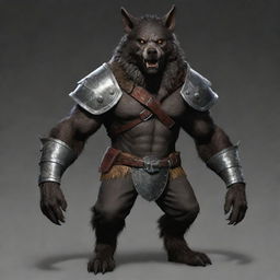 Outfit the werewolf with a heavy, well-forged metal helmet that perfectly fits its canine features. The helmet further underscores the creature's intimidating presence alongside its heavy armor and cloth waist wrap.