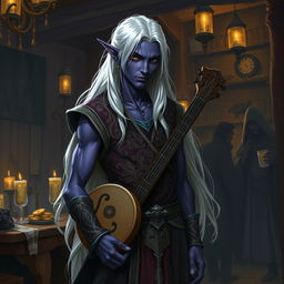 An Elf Drow Bard standing confidently in a dimly lit tavern