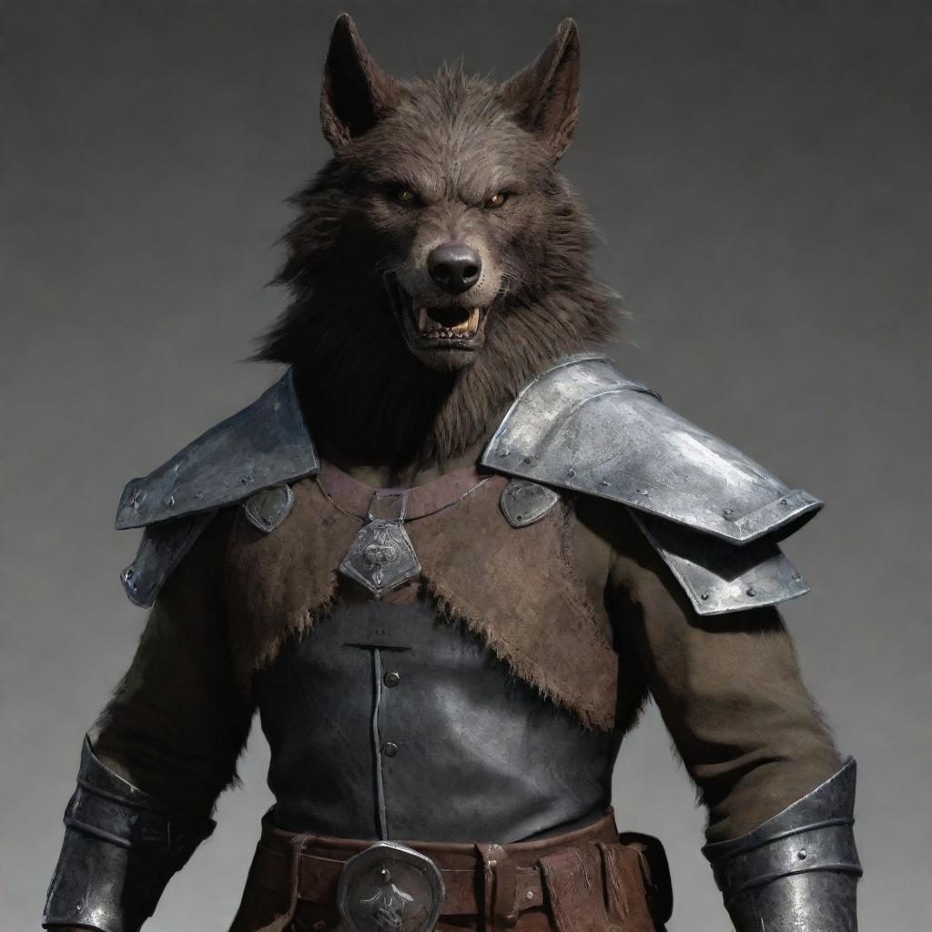 Outfit the werewolf with a heavy, well-forged metal helmet that perfectly fits its canine features. The helmet further underscores the creature's intimidating presence alongside its heavy armor and cloth waist wrap.