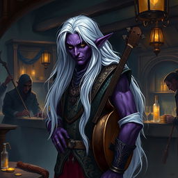 An Elf Drow Bard standing confidently in a dimly lit tavern