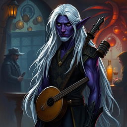 An Elf Drow Bard standing confidently in a dimly lit tavern