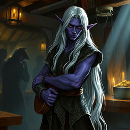 An Elf Drow Bard standing confidently in a dimly lit tavern