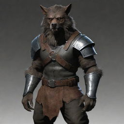 Outfit the werewolf with a heavy, well-forged metal helmet that perfectly fits its canine features. The helmet further underscores the creature's intimidating presence alongside its heavy armor and cloth waist wrap.