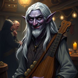 A 69-year-old Elf Drow Bard with a mischievous smile standing confidently in a dimly lit tavern