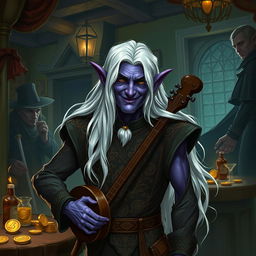 A 69-year-old Elf Drow Bard with a mischievous smile standing confidently in a dimly lit tavern