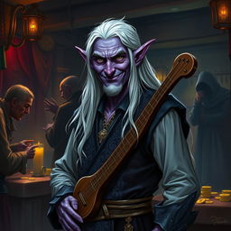 A 69-year-old Elf Drow Bard with a mischievous smile standing confidently in a dimly lit tavern