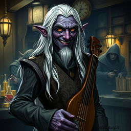 A 69-year-old Elf Drow Bard with a mischievous smile standing confidently in a dimly lit tavern