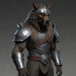 Outfit the werewolf with a heavy, well-forged metal helmet that perfectly fits its canine features. The helmet further underscores the creature's intimidating presence alongside its heavy armor and cloth waist wrap.