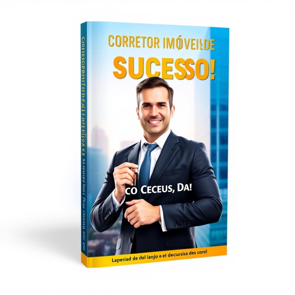 A captivating book cover for 'Corretor de Imóveis de Sucesso!' featuring a confident and professional real estate agent in a formal suit standing in front of a modern high-rise building