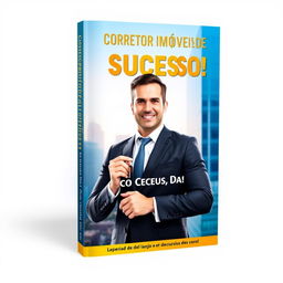 A captivating book cover for 'Corretor de Imóveis de Sucesso!' featuring a confident and professional real estate agent in a formal suit standing in front of a modern high-rise building