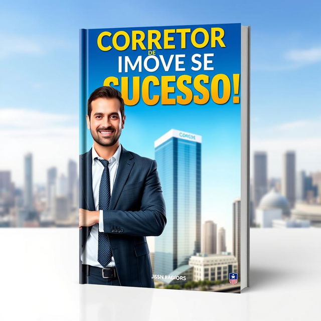 A captivating book cover for 'Corretor de Imóveis de Sucesso!' featuring a confident and professional real estate agent in a formal suit standing in front of a modern high-rise building