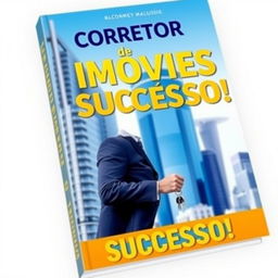 A captivating book cover for 'Corretor de Imóveis de Sucesso!' featuring a confident and professional real estate agent in a formal suit standing in front of a modern high-rise building