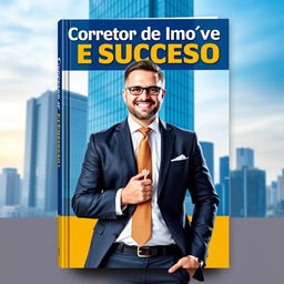 A captivating book cover for 'Corretor de Imóveis de Sucesso!' featuring a confident and professional real estate agent in a formal suit standing in front of a modern high-rise building