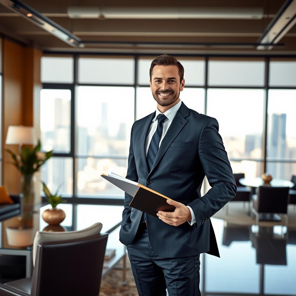 A successful real estate agent standing confidently in a modern office with city views