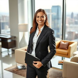 A successful real estate agent standing confidently in a modern office with city views