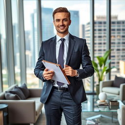 A successful real estate agent standing confidently in a modern office with city views