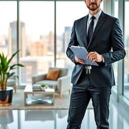 A successful real estate agent standing confidently in a modern office with city views