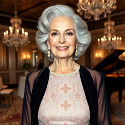 A glamorous and elegant grandmother with silver hair styled in soft waves, wearing a sophisticated evening gown with intricate lace details