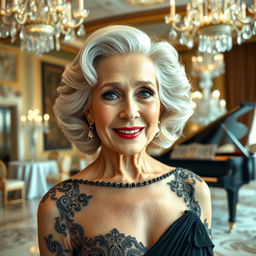 A glamorous and elegant grandmother with silver hair styled in soft waves, wearing a sophisticated evening gown with intricate lace details