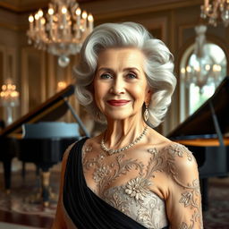 A glamorous and elegant grandmother with silver hair styled in soft waves, wearing a sophisticated evening gown with intricate lace details