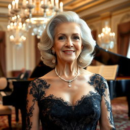 A glamorous and elegant grandmother with silver hair styled in soft waves, wearing a sophisticated evening gown with intricate lace details