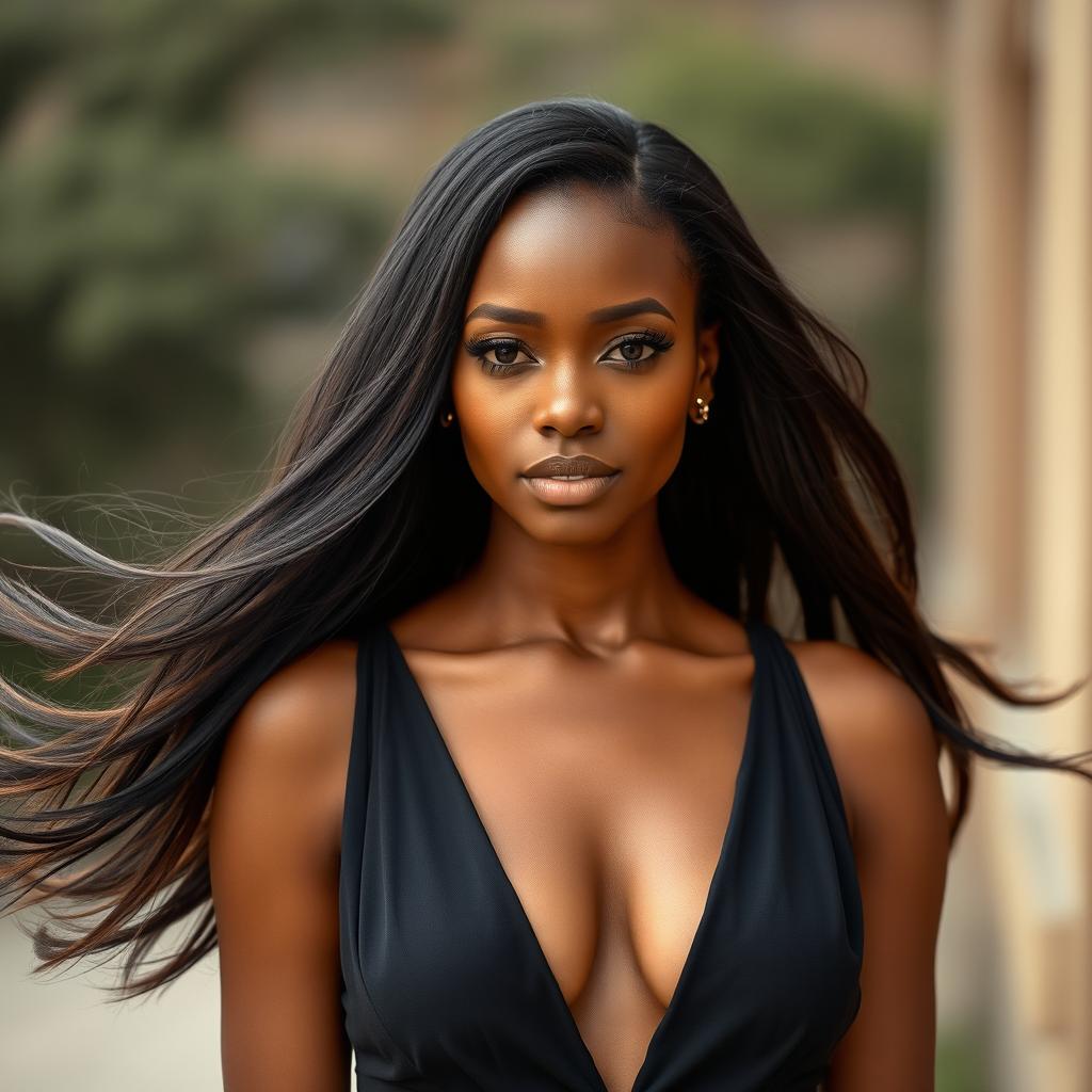 African woman with long flowing hair, wearing a deep neckline dress that tastefully accentuates her features