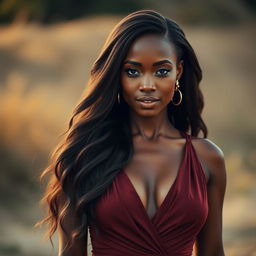 African woman with long flowing hair, wearing a deep neckline dress that tastefully accentuates her features