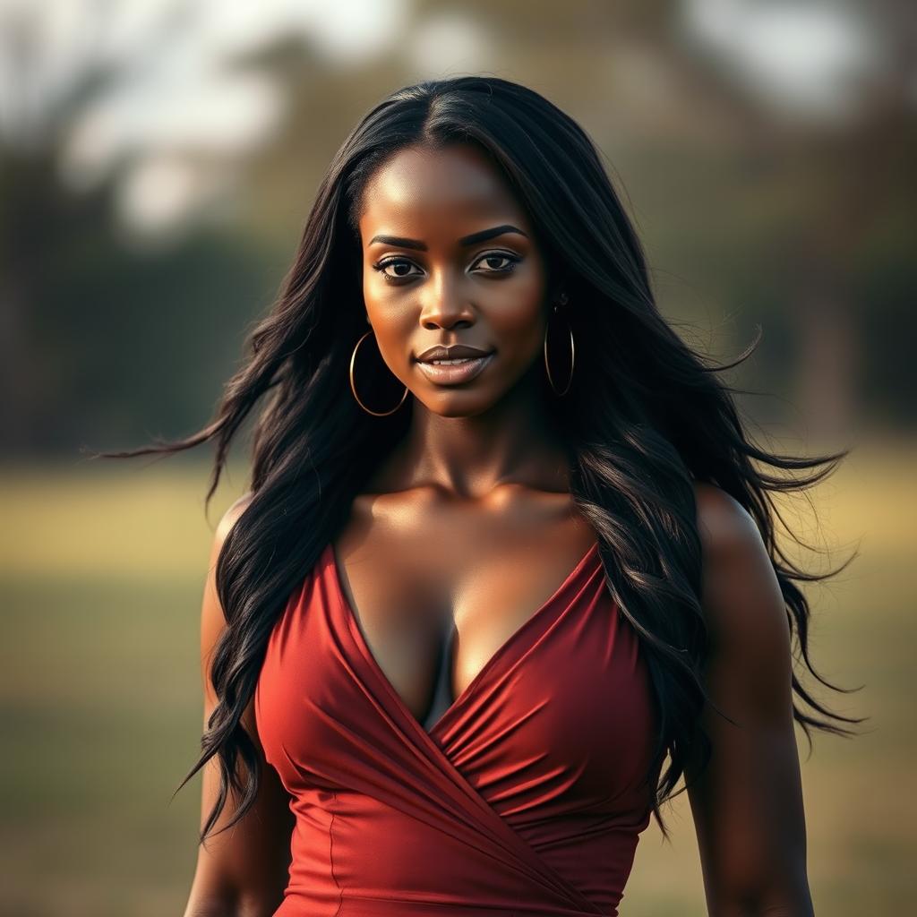 African woman with long flowing hair, wearing a deep neckline dress that tastefully accentuates her features