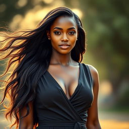 African woman with long flowing hair, wearing a deep neckline dress that tastefully accentuates her features