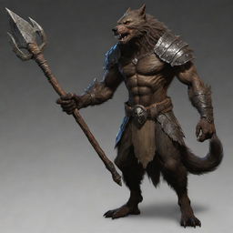 Equip the armored werewolf with a rugged, heavy wooden staff, enhancing not only its might but also reflecting an ancient wisdom inherent in the creature.