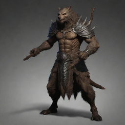 Equip the armored werewolf with a rugged, heavy wooden staff, enhancing not only its might but also reflecting an ancient wisdom inherent in the creature.