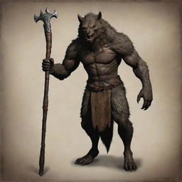 Equip the armored werewolf with a rugged, heavy wooden staff, enhancing not only its might but also reflecting an ancient wisdom inherent in the creature.