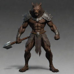 Equip the armored werewolf with a rugged, heavy wooden staff, enhancing not only its might but also reflecting an ancient wisdom inherent in the creature.