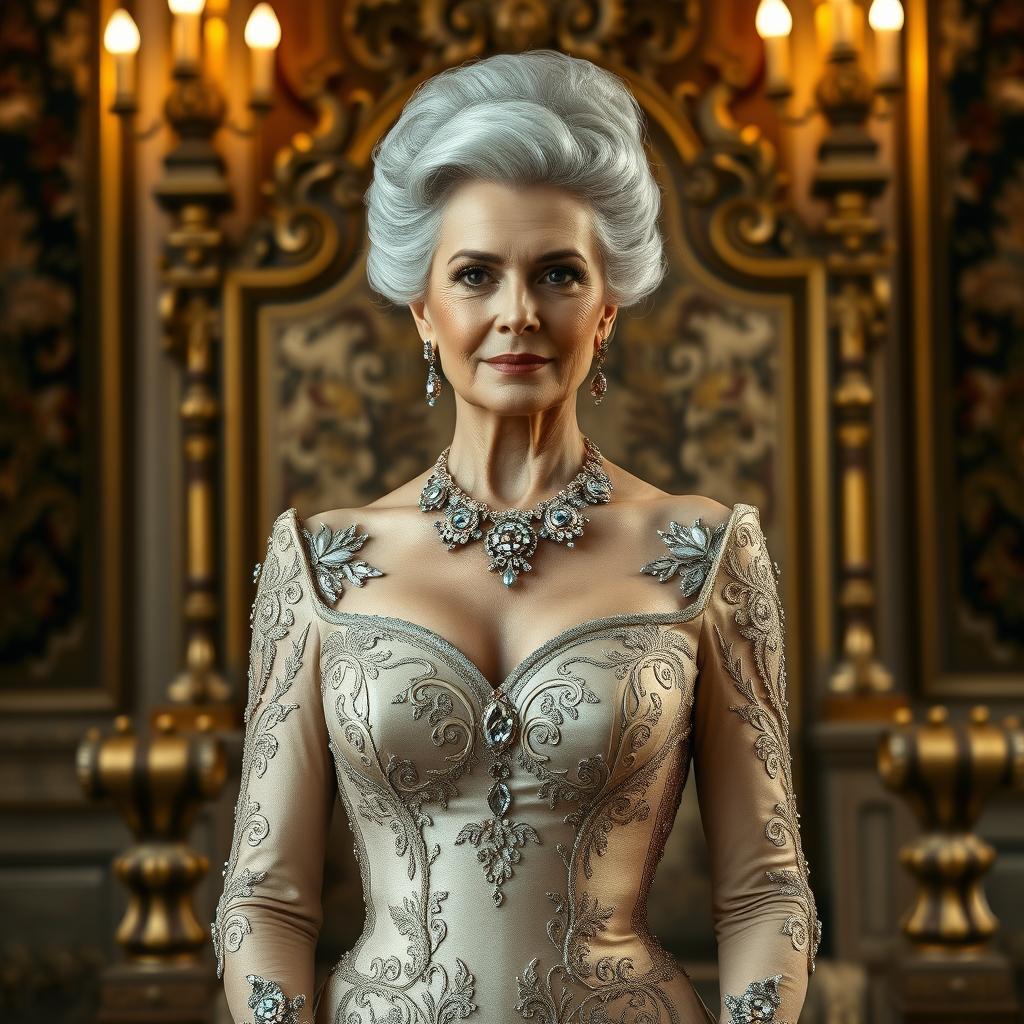 A stunning older woman with an air of regal elegance, characterized by her silver hair elegantly styled into an elaborate updo, wearing a luxurious, form-fitting royal gown adorned with intricate embroidery and jewels