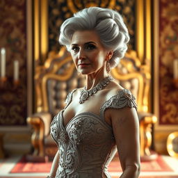 A stunning older woman with an air of regal elegance, characterized by her silver hair elegantly styled into an elaborate updo, wearing a luxurious, form-fitting royal gown adorned with intricate embroidery and jewels