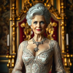 A stunning older woman with an air of regal elegance, characterized by her silver hair elegantly styled into an elaborate updo, wearing a luxurious, form-fitting royal gown adorned with intricate embroidery and jewels