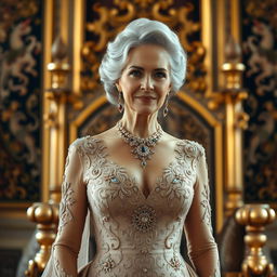 A stunning older woman with an air of regal elegance, characterized by her silver hair elegantly styled into an elaborate updo, wearing a luxurious, form-fitting royal gown adorned with intricate embroidery and jewels