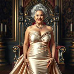 A voluptuous and confident older woman exuding regal elegance, showcasing her curves in a luxurious, form-fitting royal gown