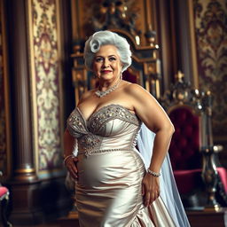 A voluptuous and confident older woman exuding regal elegance, showcasing her curves in a luxurious, form-fitting royal gown