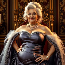 A voluptuous and confident older woman exuding regal elegance, showcasing her curves in a luxurious, form-fitting royal gown