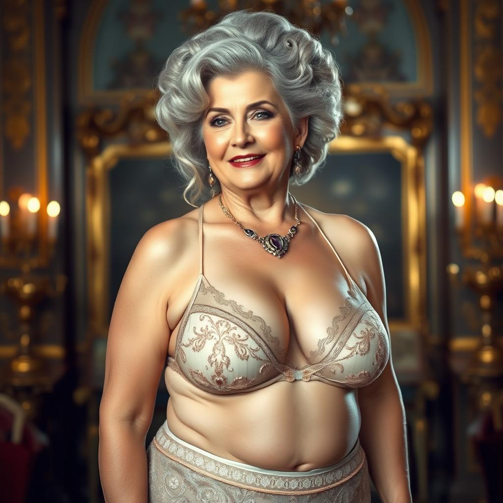 A voluptuous and confident older woman exuding regal elegance, wearing only elegant and luxurious lingerie that highlights her prominent curves