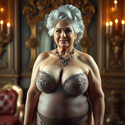 A voluptuous and confident older woman exuding regal elegance, wearing only elegant and luxurious lingerie that highlights her prominent curves