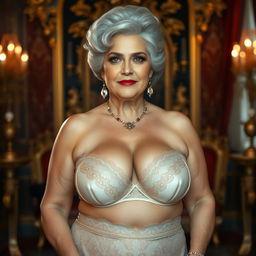 A voluptuous and confident older woman exuding regal elegance, wearing only elegant and luxurious lingerie that highlights her prominent curves