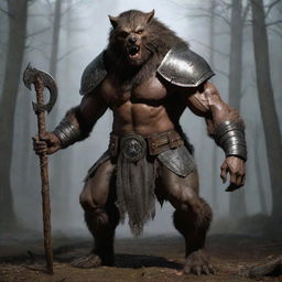 Increase the werewolf's muscularity further, enhancing the bulkiness of its body. The heavy armor, metal helmet, rugged cloth, and wooden staff all adjust to accommodate the creature's more formidable size.